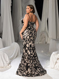 Plus Size Luxury Spaghetti Straps Floral Sequin Mermaid Evening Dress with High Slit