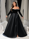 Plus Women's Pearl Accented Off-The-Shoulder Formal Gown | Long Sleeves | Defined Waist Belt | Full Flared Skirt