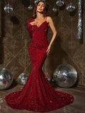Asymmetrical Neck Mermaid Hem Sequin Prom Dresses - Elonnashop