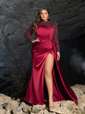 Plus High Neck Beaded Long Sleeve Gown | Side Slit & Mermaid Silhouette