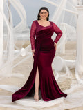 Plus Elegant Sweetheart Neck Contrast Sequin Mermaid Hem Velvet Evening Dress