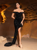 Off Shoulder Asymmetrical Hem Sequin Party Dress