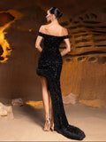 Off Shoulder Asymmetrical Hem Sequin Party Dress