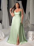 Plus Satin Spaghetti Straps Formal Evening Dress with High Slit