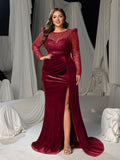 Plus Luxury Formal Gown with Sequin Bodice, Puffed Sleeves, Velvet High-Slit Skirt