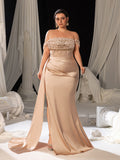 Plus Off-Shoulder Gown with High Slit & Beaded Bodice – Luxury Satin Evening Wear for Red Carpet, Formal Galas & Luxury Weddings, 1XL-5XL