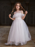 Delicate Spaghetti Strap A-Line Flower Girl Dress With Sheer Bow Details And Tiered Tulle Skirt For Wedding Ceremonies, Formal Galas, Evening Receptions, Birthday Celebrations, Awards Ceremonies