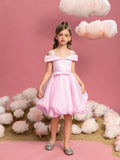 Tween Girls' Off-Shoulder Heart Neckline Pink Princess Dress With Wide Ruffle Sleeve, Waist Bow, And Layered Tulle Skirt For Birthday Party, Wedding Flower Girl, Pageant, Or Special Celebration