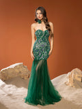 Luxury Beaded Sequin Embroidered Strapless Mermaid Gown With Floral Bodice And Tulle Skirt For Weddings, Gala Dinners,Garden Parties,Red Carpet Events