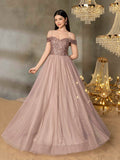 Shiny A-Line Evening Dress - Featuring Off-The-Shoulder Sweetheart Neckline, Sheer Skirt, And Fitted Sequin Bodice, Suitable For Prom, Wedding Guest Attire, Formal Dinners, And Luxury Celebrations.