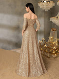 Teen Girls' Off-Shoulder Sequin Evening Gown With Three-Quarter Sleeves & Flowy A-Line Silhouette | Sparkling Formal Dress For Gala Dinners, Red Carpet Events, Graduation Balls, Black-Tie Weddings, And Award Ceremonies