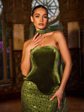 Elegant Strapless Velvet Mermaid Gown, Adorned With Dense Beading, Fitted Silhouette, Can Be Paired With Transparent Beaded Neck Scarf - An Ideal Choice For Weddings, Formal Galas, Red Carpet Events, And Formal Receptions.