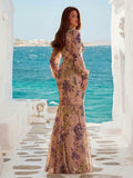 Elegant Floral Print Chiffon Evening Gown With Mermaid Silhouette – Luxurious Elegance For Red Carpet Events, Weddings, Art Gallery Openings, Gala Dinners, And High-End Social Gatherings,Vacation Essentials