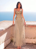 Women's Sequin Formal Dress With Fringe Hem Elegant Strapless Long Gown Featuring Tie Back And Contrast Sequin Detail, Ideal For Occasions