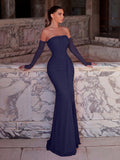 Elegant Women's Pink Strapless Mesh Formal Gown With Ruched Ruffle Detail Side Slit, Long Mermaid Sleeve Party Dress For Prom Evening