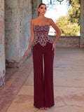 Elegant Strapless Sequin Beaded Jumpsuit, Fitted Waist Top, Wide Leg Slim Silhouette, Suitable For Photos, Beach Vacation, Resort And Party