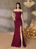 Teen Girls' Charming Off-Shoulder Twisted Bust Design Long Dress, Suitable For Teenagers, Front Slit And Cinched Waist Back - Ideal For Parties, Evenings, Ceremonies, Celebrations