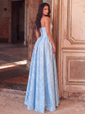 Elegant Strapless Heart-Shaped Neckline Cinched Waist Jacquard A-Line Long Dress, High Slit Flowy Evening Gown, Suitable For Photography, Beach Vacation