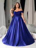 Plus Size Off-Shoulder Sequin Evening Gown - Formal Dress with Voluminous Satin Skirt