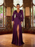 Elegant V Neck Slit Long Sleeve A-Line Dress