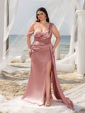 Plus Elegant Asymmetrical Neck Split Mermaid Hem Satin Evening Dress