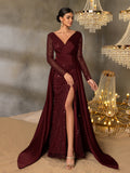Sequin Evening Gown with Sheer Long Sleeves, Deep V-Neck & Back V-Cut | Elegant High Slit Formal Dress for Special Occasions