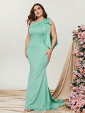 Plus Bow One Shoulder Sleeveless Satin Mermaid Dresses - Elonnashop