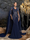 Elegant Two-Piece Evening Gown with Detachable Cape | Deep V-Neck Mermaid Dress & Opera Length Rhinestone Cape