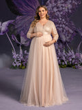 Plus Maternity Plunging Neck 3/4 Sleeves Sequin Formal Party Dress