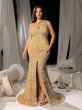 Plus Elegant One Shoulder Split Thigh Sequin Mermaid Hem Evening Dress