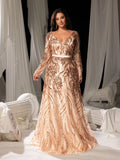 Plus Elegant Plunging Neck Lace-up Back Graphic Sequin Formal Prom Dress Evening Dress