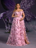 Plus Maternity Off Shoulder Ruffle Trim Split Floral Mesh Party Dress
