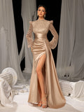 Elegant Satin Evening Gown with High Slit & Crystal-Embellished Sleeves – Luxurious Backdrop for High-End Wedding Receptions or Charity Galas, XS-XL