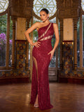 Chic One Shoulder Cut Out Split Sequin Party Dress