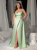 Plus Satin Spaghetti Straps Formal Evening Dress with High Slit