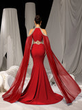 Luxurious Mermaid Gown with Flowing Cape & Gold Embellishments for Red Carpet or Luxury Weddings, XS-XL