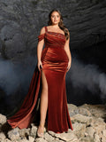 Plus One-Shoulder Ruched Velvet Gown | Beaded Strap & High Thigh Slit