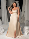 Plus Satin Spaghetti Straps Formal Evening Dress with High Slit