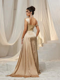 Asymmetrical Neck Split Thigh Satin Mermaid Dress - Elonnashop