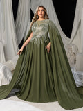 Plus Elegant Cape Sleeve Evening Gown with Beaded Floral Embroidered Bodice & Flowing Train