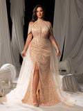 Plus Elegant Mesh Overlay Split Mermaid Hem Sequined Beaded Evening Dress