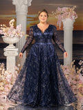 Plus Womens' Elegant Lace & Sequin Evening Gown - V-Neck Long Sleeve Design with Cinched Waist & Flowing A-Line Skirt for Coastal Weddings, Luxury Evening Events