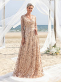 Womens' Elegant V-Neck Evening Gown with Delicate Lace & Silver Embroidery – Long Flowing Skirt for Seaside Weddings & Romantic Beach Events