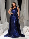 Plus Size Gorgeous One-Shoulder Sleeveless Sequin Formal Dress