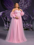 Plus Maternity  Off-Shoulder Evening Gown with Puff Sleeves – Flowy Tulle Dress for Pregnancy Photoshoots & Baby Showers