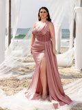 Plus Elegant Asymmetrical Neck Split Mermaid Hem Satin Evening Dress