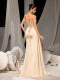 Elegant Off-Shoulder Gown with High Slit & Beaded Bodice – Luxury Satin Evening Wear for Red Carpet, Formal Galas & Luxury Weddings, XS-XL