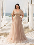 Plus Elegant Surplice Neck Butterfly Sleeves Sequin Evening Dress