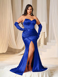 Plus Ruched Wrap Hem Satin Tube Prom Dress(Gloves Included)