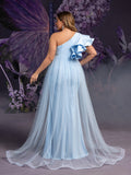 Plus Maternity  Evening Gown with Asymmetrical Ruffle Neckline & Tulle Train – Elegant Pregnancy Evening Dress for Photoshoots & Galas